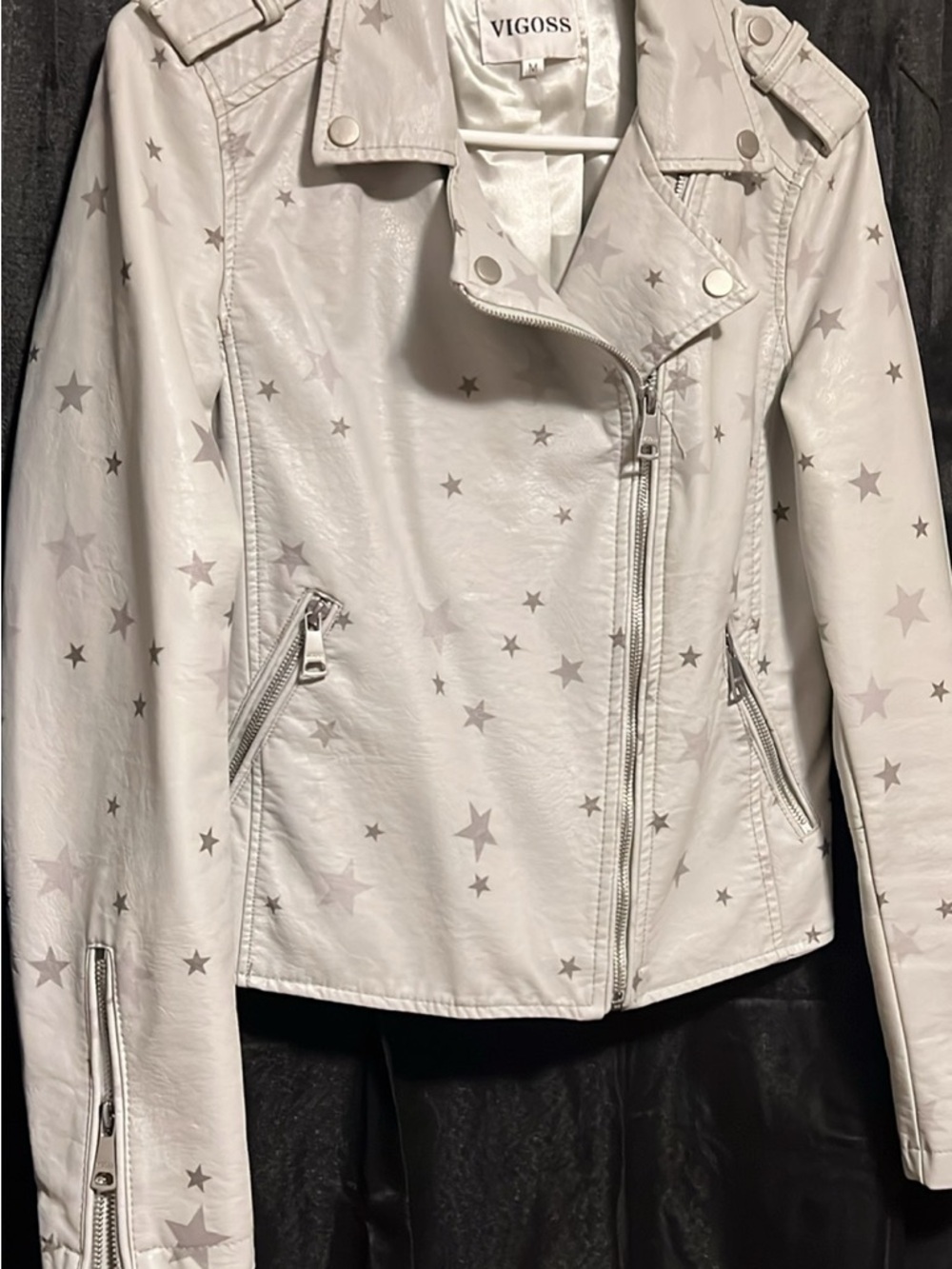 Vigoss Grey Faux Leather Star-Print Moto Jacket